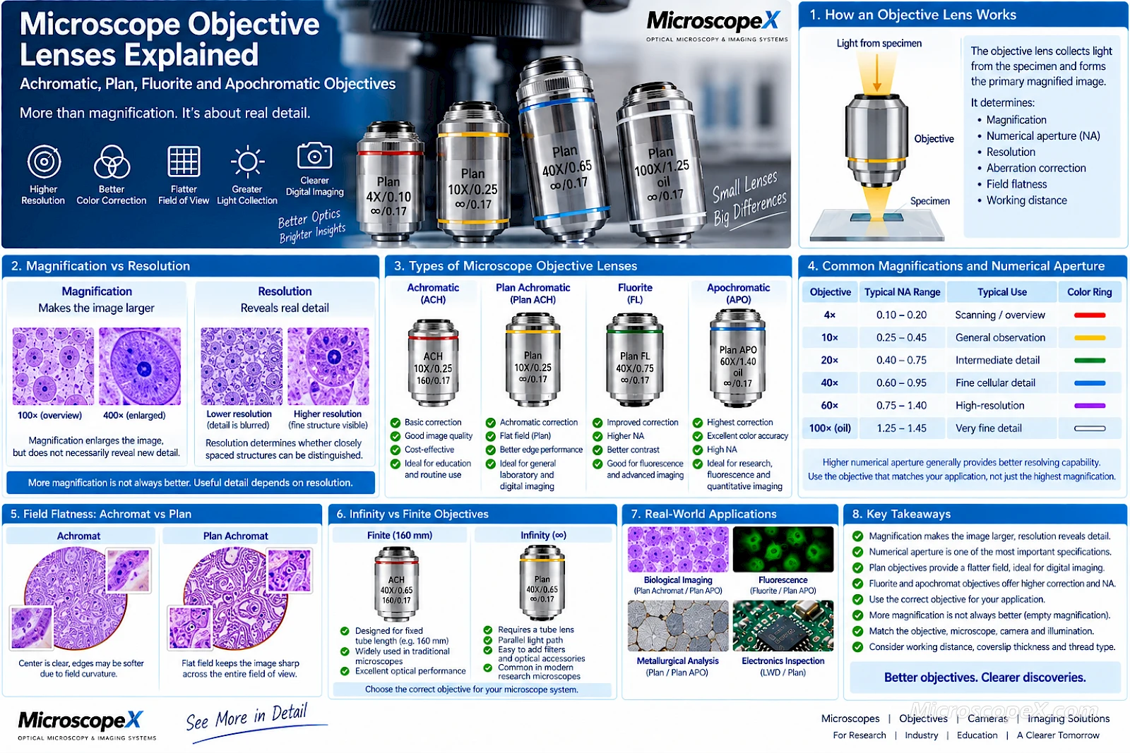 Microscope Objective Lenses Explained: Achromatic, Plan, Fluorite and Apochromatic Objectives